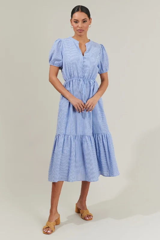 Maxi - inspired midi dresses with flowing fabrics for a beachy vibeZephyr Ticking Stripe Waist Tie Midi Dress
