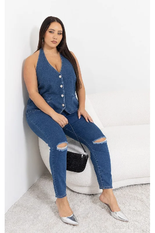 Patchwork Denim Top with a Unique and Artistic AppealDenim Halter Vest