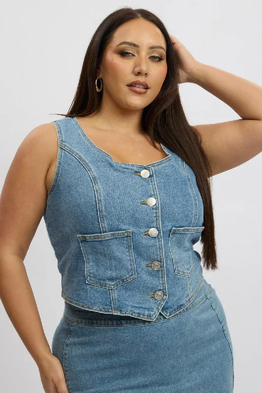 Denim Top with a Belted Waist for a Defined SilhouetteDenim Stretch Button Through Fitted Vest Denim Top with a Belted Waist for a Defined SilhouetteDenim Stretch Button Through Fitted Vest