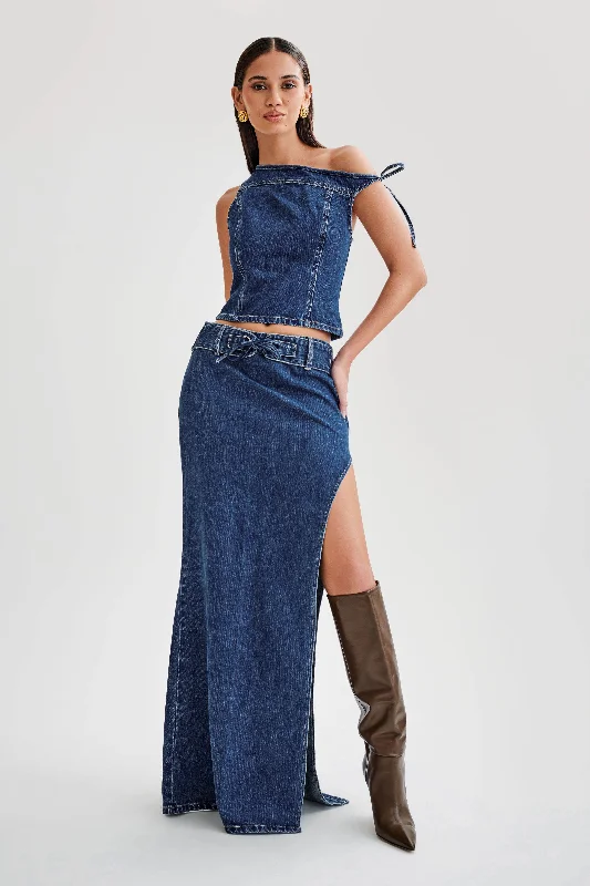 Denim Top with a Collared Neckline for a Preppy StyleRamsey Denim Maxi Skirt With Split - Dark Blue