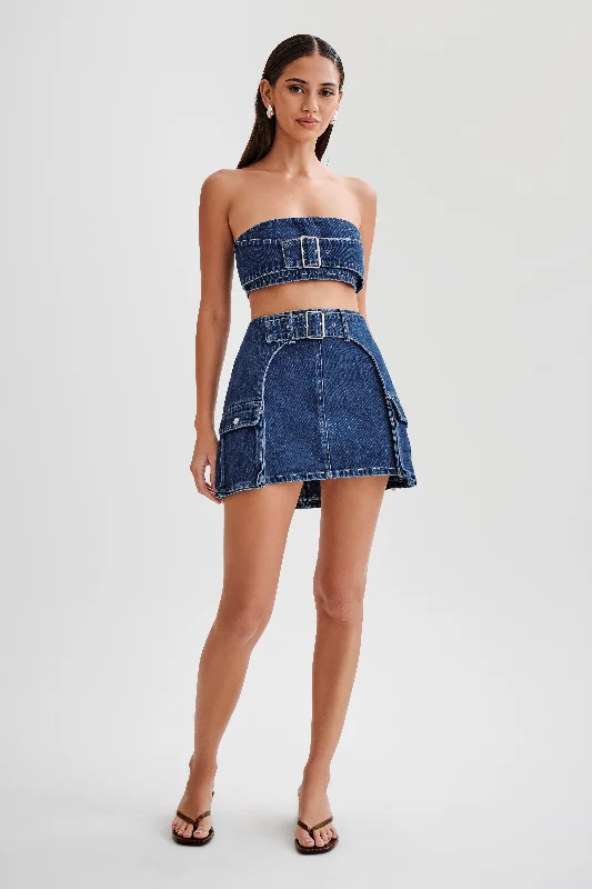Denim Top with a Metallic Accent for a Shiny LookRowena Denim Buckle Mini Skirt - Dark Blue