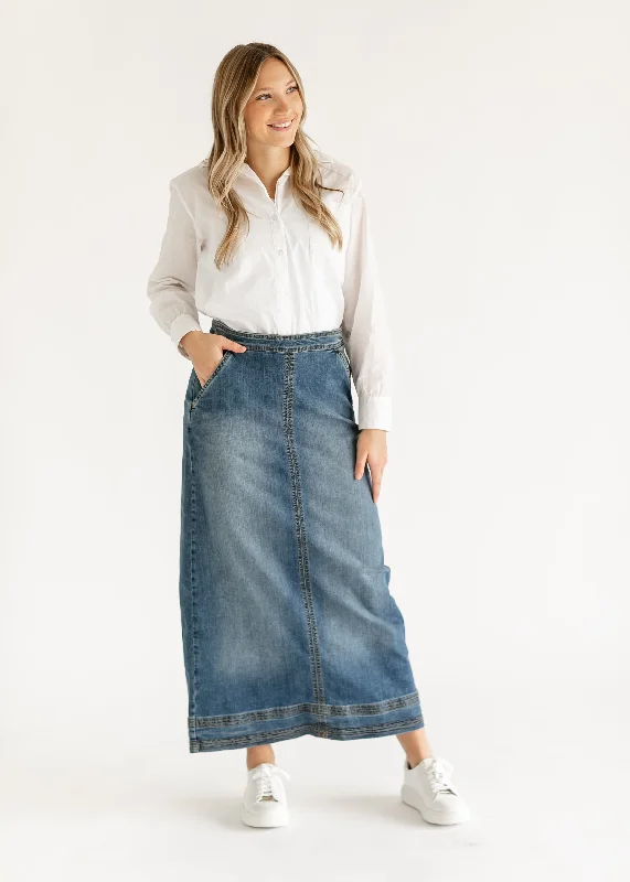 Sutton Side Zip A-line Denim Maxi Skirt