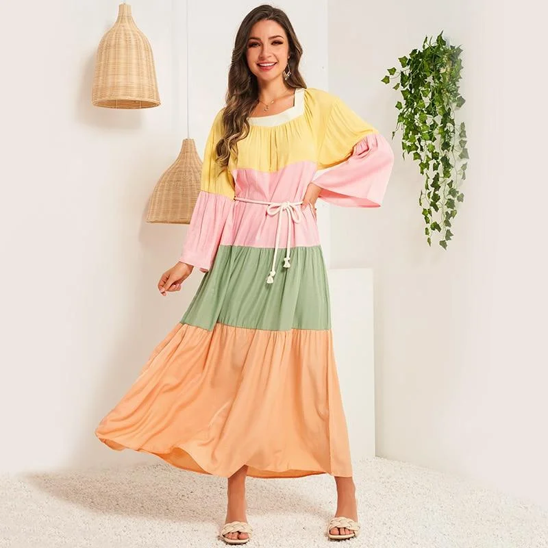 Maxi dresses with geometric prints for a contemporary aestheticFashionSierra - Summer Women Dress Multicolor Stitching Flared Long Sleeves Sashes Belted Bohemian Holiday Casual Elegant Maxi Dresses
