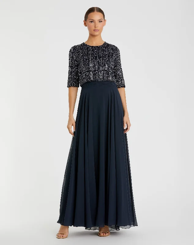 Floral print maxi dresses for summer garden partiesBlue Chiffon Gown w/ Fully Beaded 3/4 Sleeve Top Floral print maxi dresses for summer garden partiesBlue Chiffon Gown w/ Fully Beaded 3/4 Sleeve Top
