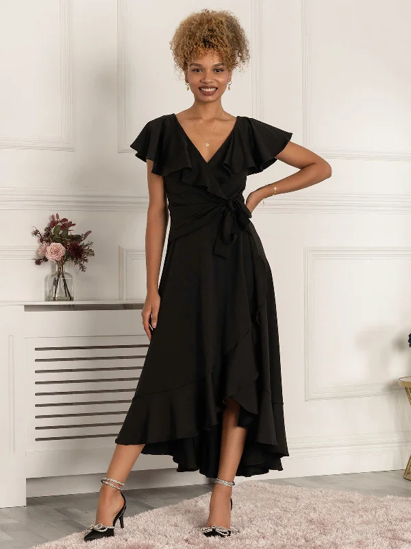 Linen maxi dresses for a breathable and lightweight summer optionPriya Frill Dipped Hem Dress, Black
