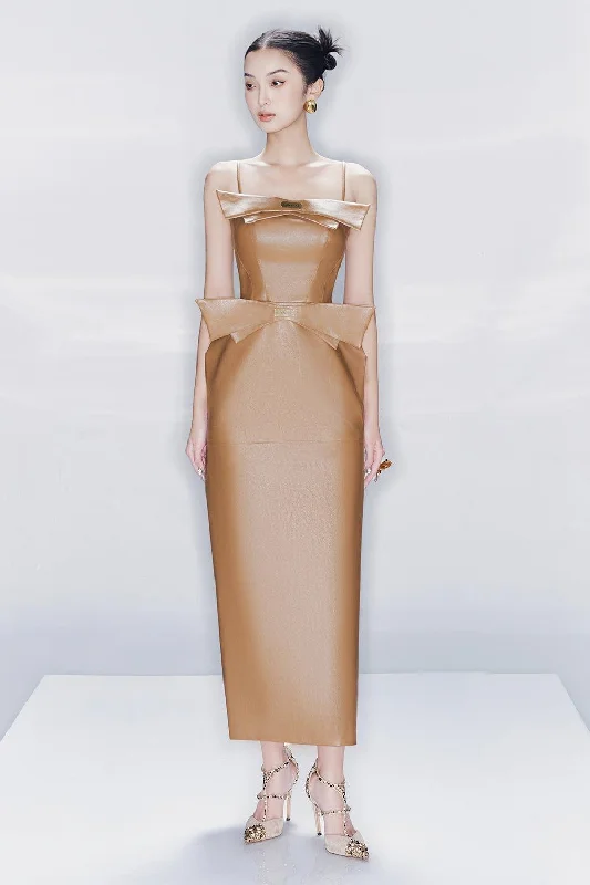 Maxi dresses with ribbed textures for a unique and tactile lookElysee Sheath Square Neck Leather Ankle Length Dress