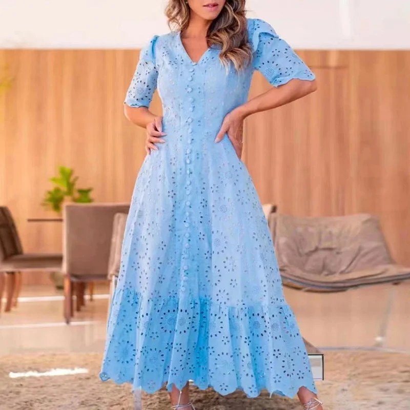 Sequined maxi dresses for formal evening galasFresh And Sweet Style Solid Dress 2022 Autumn New V-neck Ruffled Sleeves Embroidered Hollowed-out Large-swing Long Dress Sequined maxi dresses for formal evening galasFresh And Sweet Style Solid Dress 2022 Autumn New V-neck Ruffled Sleeves Embroidered Hollowed-out Large-swing Long Dress