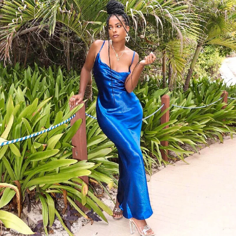 Maxi dresses with a halter neck for a stylish and sophisticated choiceClassy Cowl Neck Tie String Silky Slip Maxi Dress - Blue