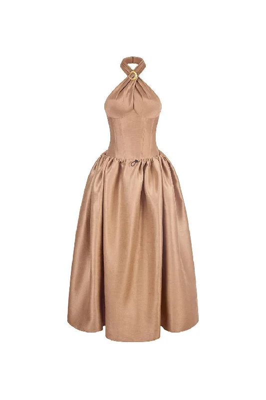 Leather maxi dresses for an edgy and bold appearanceThe Wood Fit and Flare Crossover Neck Taffeta Ankle Length Dress