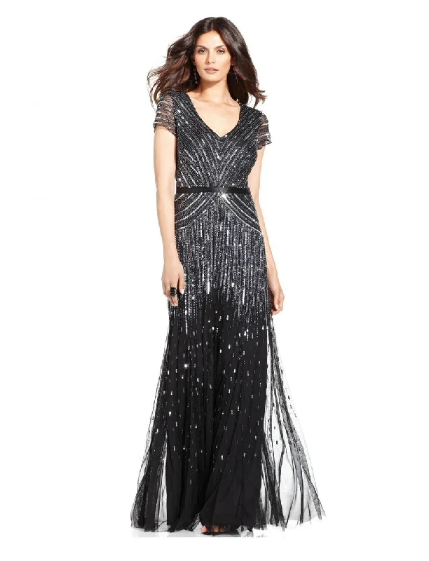 Halter - neck wedding guest dresses with beaded strapsAdrianna Papell - V-Neckline Sequined Mesh Long Dress 62868950