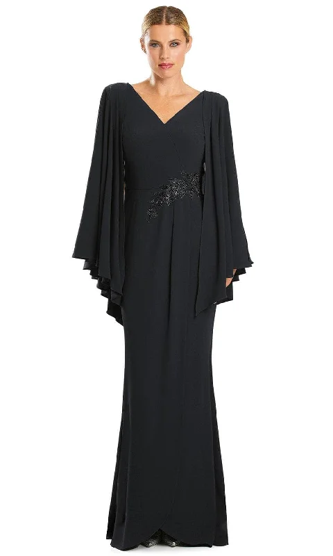 Wedding guest dresses with cold - shoulder ruffled sleeves and knee - length hemsAlexander by Daymor 1854F23 - V-Neck Long Pleated Sleeve Evening Dress