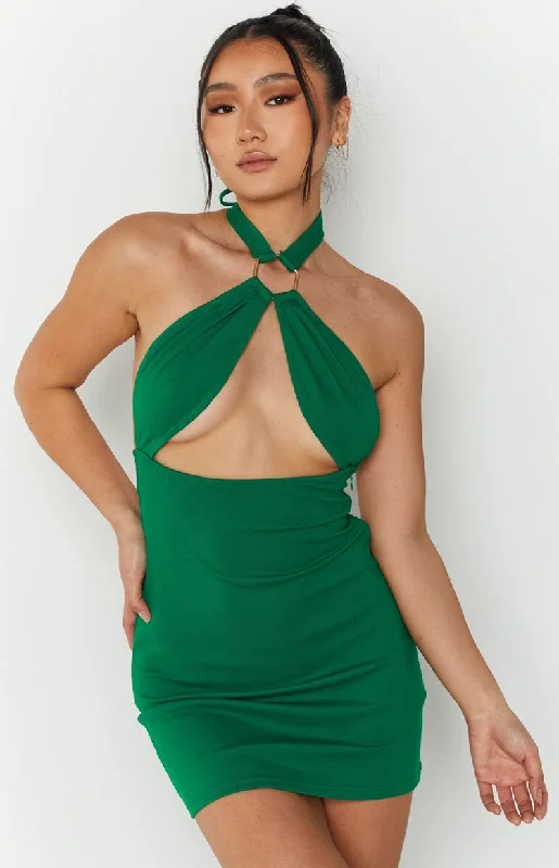 Mini dresses with pom - pom trims for a playful feelArmelle Green Halter Neck Mini Dress