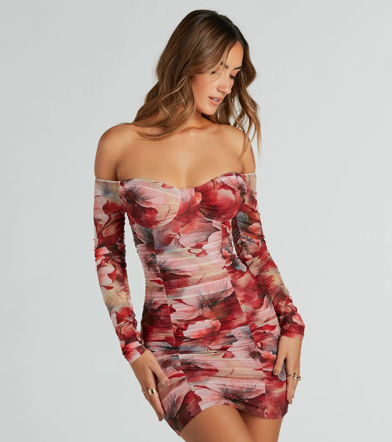 Mini dresses with high - low hems for a modern twistBold Bloom Off-The-Shoulder Floral Mesh Mini Dress