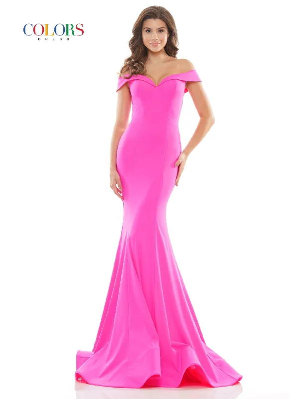 Plaid wedding guest dresses in muted colors for a fall weddingColors 2709 Colors Long Off Shoulder Formal Prom Dress