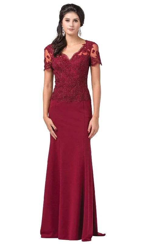 Cotton wedding guest dresses with smocked details for a casual weddingDancing Queen - 2535 Short Sleeve Jeweled Appliqued Illusion Gown