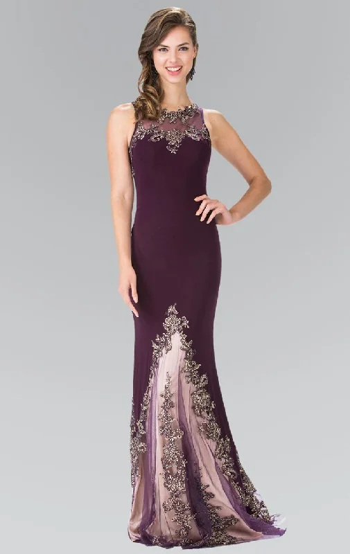Sheath - style wedding guest dresses with lace overlaysElizabeth K - GL2204 Embroidered High Neck Gown