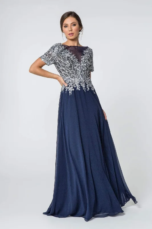 Velvet - trimmed wedding guest dresses in burgundy for a formal eventElizabeth K - GL2826 Metallic Lace Embroidered Chiffon Dress Velvet - trimmed wedding guest dresses in burgundy for a formal eventElizabeth K - GL2826 Metallic Lace Embroidered Chiffon Dress