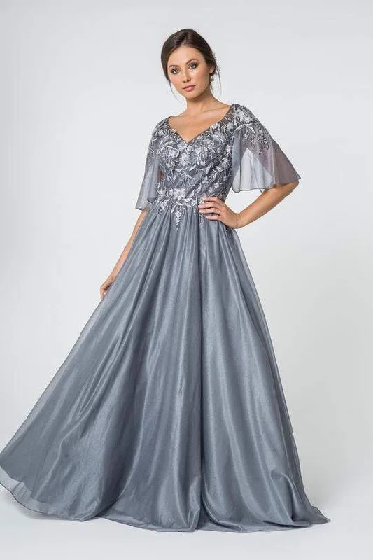 Asymmetric - hem wedding guest dresses in metallic huesElizabeth K - GL2830 Sheer Cape Sleeve Appliqued Chiffon Dress Asymmetric - hem wedding guest dresses in metallic huesElizabeth K - GL2830 Sheer Cape Sleeve Appliqued Chiffon Dress