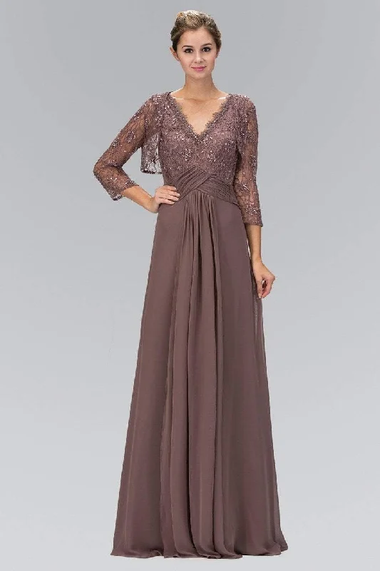 Cotton wedding guest dresses with smocked details for a casual weddingElizabeth K - GL1397 Lace V-Neck A-Line Gown with Bolero