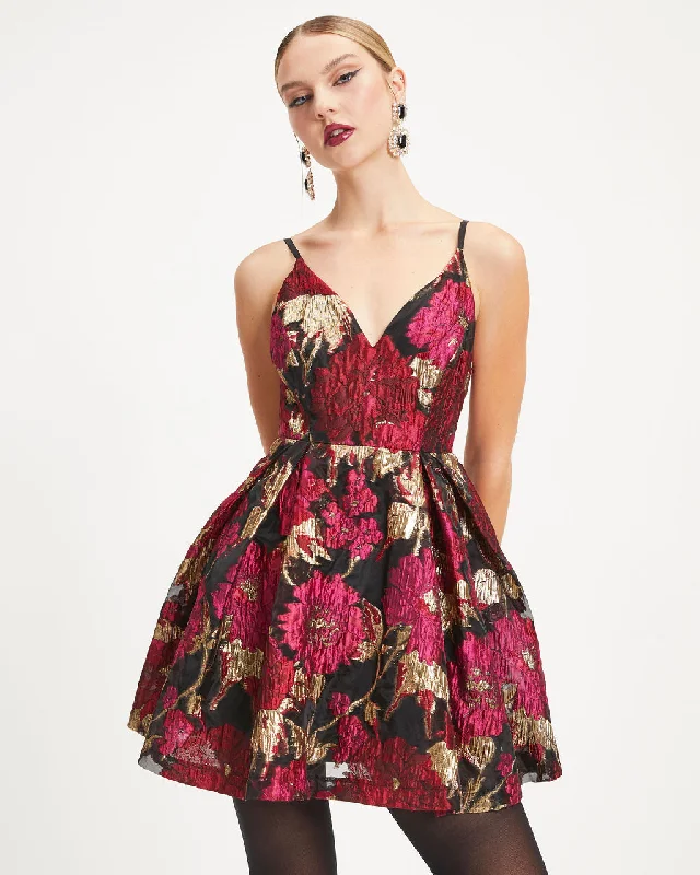 Mini dresses with asymmetric hems for a fashion - forward lookFairest Of Them All Floral Metallic Organza Mini Dress