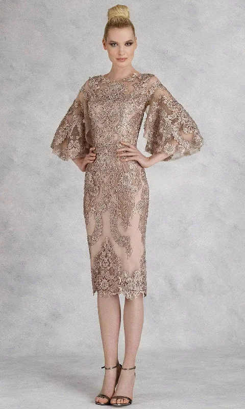 Janique - W2068 Quarter Tulip Sleeves Lace Appliqued Sheath Dress