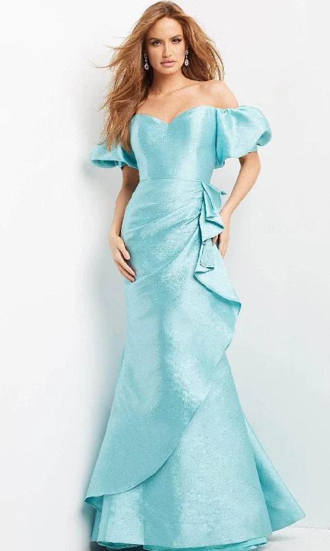 A - line cocktail wedding guest dresses in pastel colorsJovani 07020 - Puffed Sleeve Ruffled Evening Dress