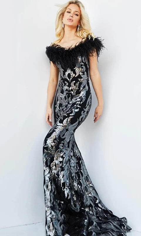 Off - the - shoulder wedding guest dresses in chiffonJovani 22346 - Sequin and Feathered Evening Gown