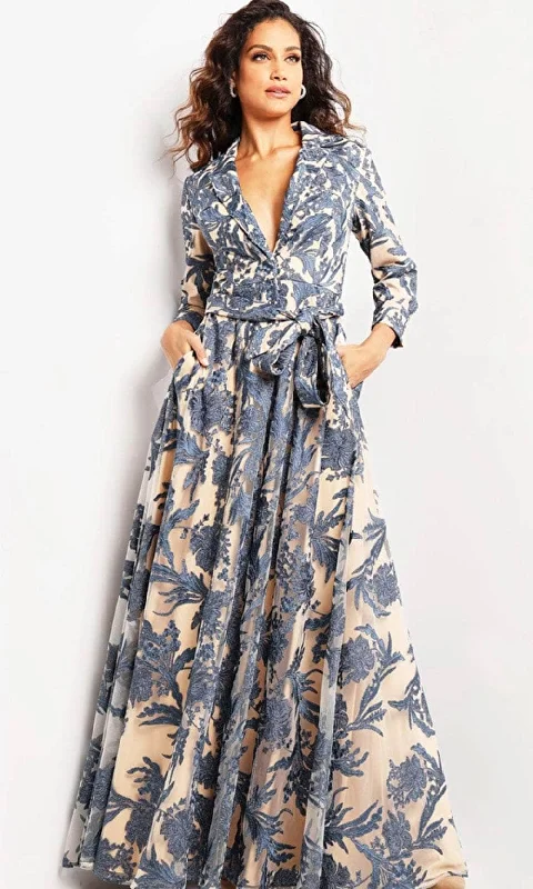 Wedding guest dresses with abstract prints and long trainsJovani 26148SC - V-Neck A-Line Evening Dress