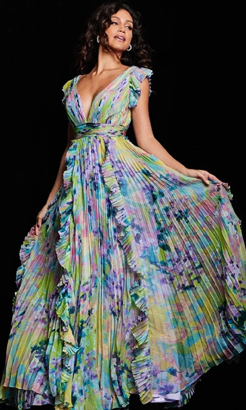 Halter - neck wedding guest dresses with beaded strapsJovani 34412SC - Flutter Sleeve Floral Evening Dress
