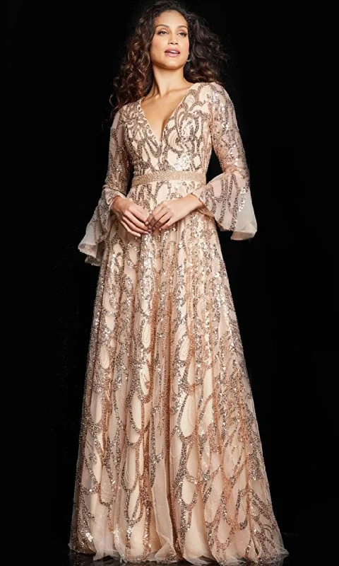 Velvet - trimmed wedding guest dresses in burgundy for a formal eventJovani 36380SC - Long Sleeve Sequin Formal Dress
