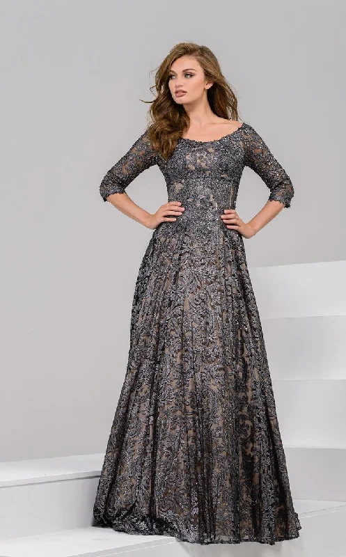 Jovani - 37938 Scoop Quarter Length Sleeves A Line Gown