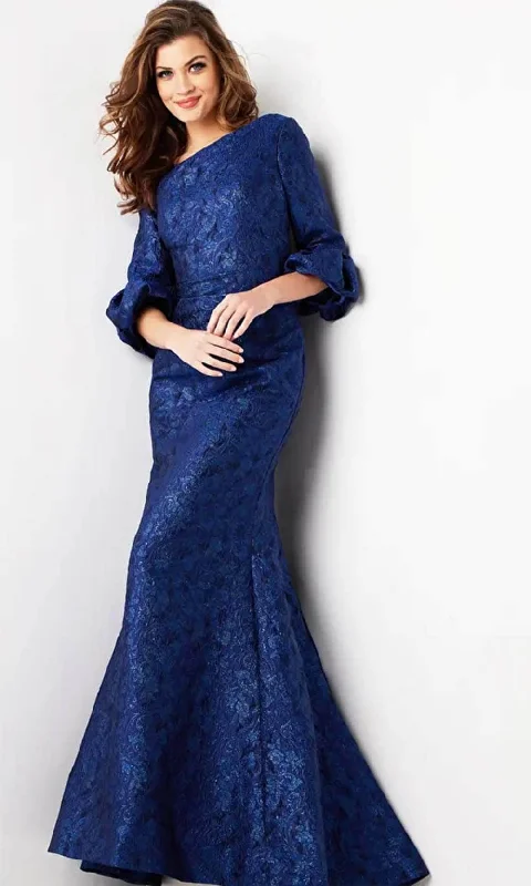 Midi wedding guest dresses in navy blue for a formal affairJovani 38791SC - Asymmetric Neckline Jacquard Evening Gown
