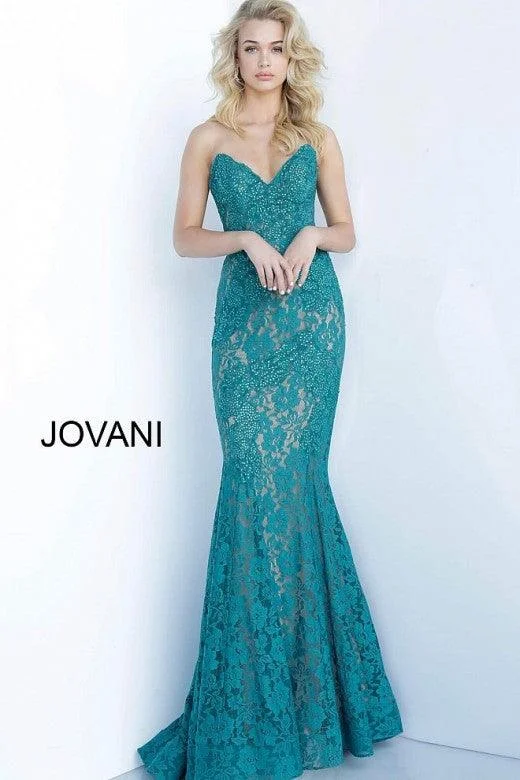 Wedding guest dresses with ruched bodices and spaghetti strapsJovani 37334 Prom Long Strapless Formal Lace Dress