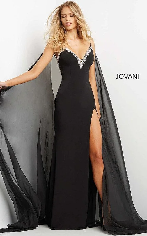 Wedding guest dresses with cold - shoulder ruffled sleeves and knee - length hemsJovani 08022 Spaghetti Strap Long Formal Prom Dress