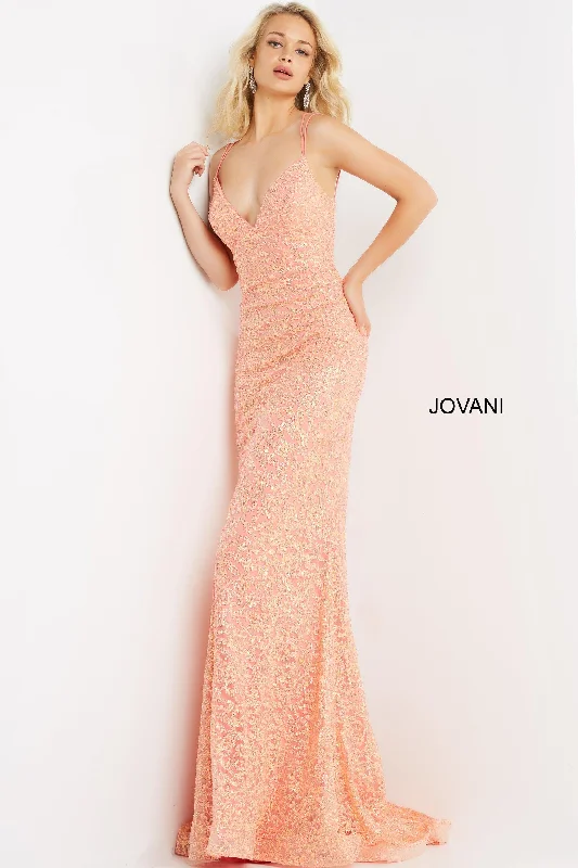 Wedding guest dresses with gathered skirts and V - necklinesJovani 08489 Spaghetti Strap Long Formal Prom Dress