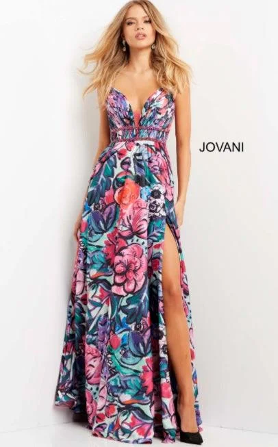 Satin wedding guest dresses with side slits for a sexy touchJovani 08593 Spaghetti Strap Long Sexy Prom Dress
