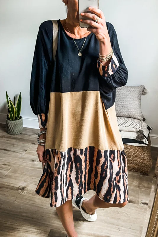 Mini dresses with gathered skirts for a voluminous effectKhaki Printed Tiger Stripe Colorblock Bishop Sleeve Mini Dress