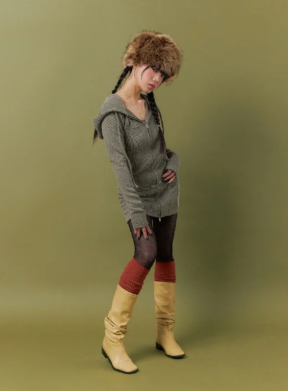 Mini dresses with gathered skirts for a voluminous effectKnit Drawstring Hoodie Mini Dress IJ411