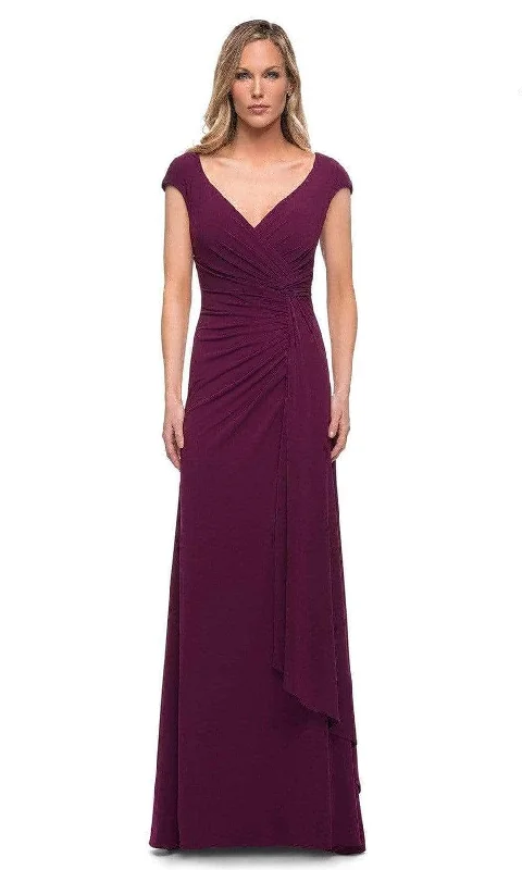 Wedding guest dresses with abstract prints and long trainsLa Femme 29814SC - Ruched Bodice Cap Sleeve Formal Dress