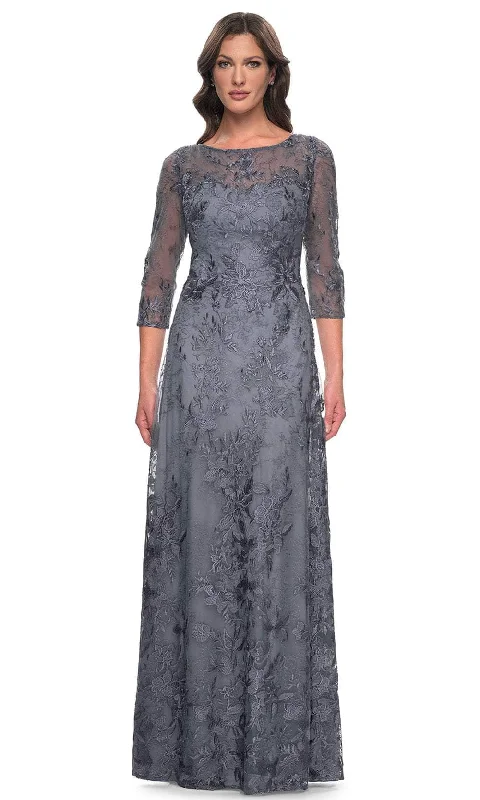 Halter - neck wedding guest dresses with beaded strapsLa Femme 30060SC - Sheer Quarter Sleeve Evening Dress