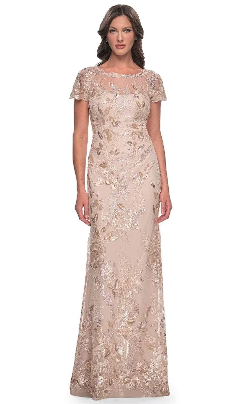 Bow - backed wedding guest dresses in silk for a luxurious feelLa Femme 30841SC - Short Sleeve Embellished Formal Dress