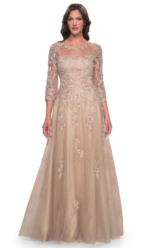 Wedding guest dresses with keyhole backs and flowing fabricsLa Femme 30859SC - Laced Quarter Sleeve Prom Gown