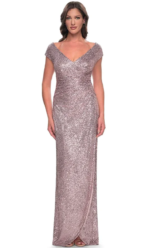Mini wedding guest dresses with glittery accents for a trendy lookLa Femme 30865SC - Cap Sleeve Sequin Formal Dress
