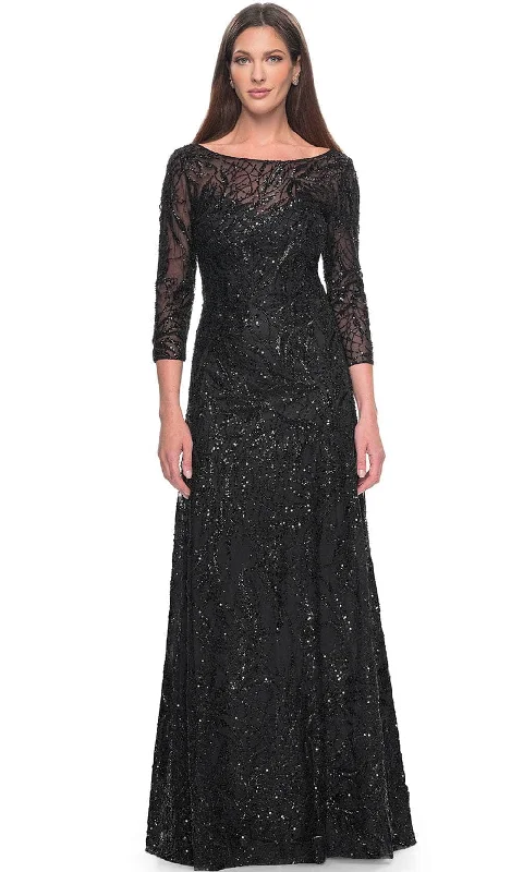 Asymmetric - hem wedding guest dresses in metallic huesLa Femme 31690SC - Embellished Quarter Sleeve Formal Dress