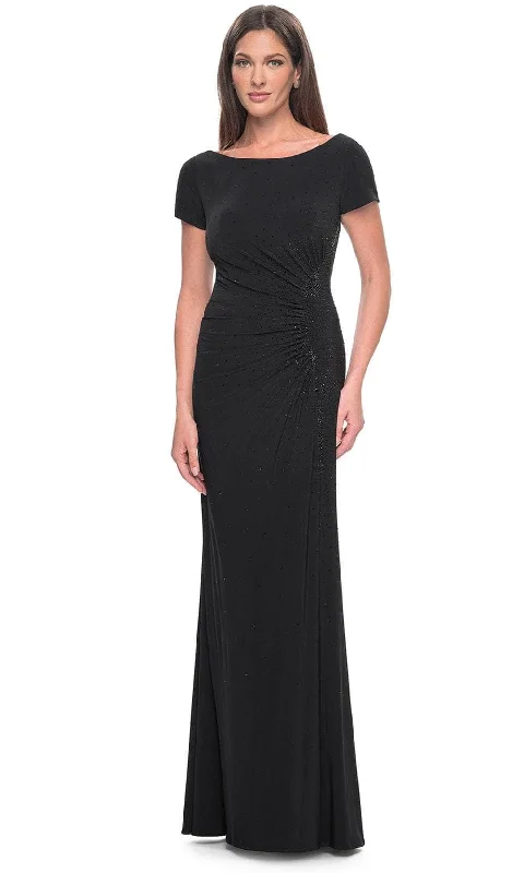 Wedding guest dresses with cold - shoulder designs and solid colorsLa Femme 31773SC - Short Sleeve Draped Evening Dress