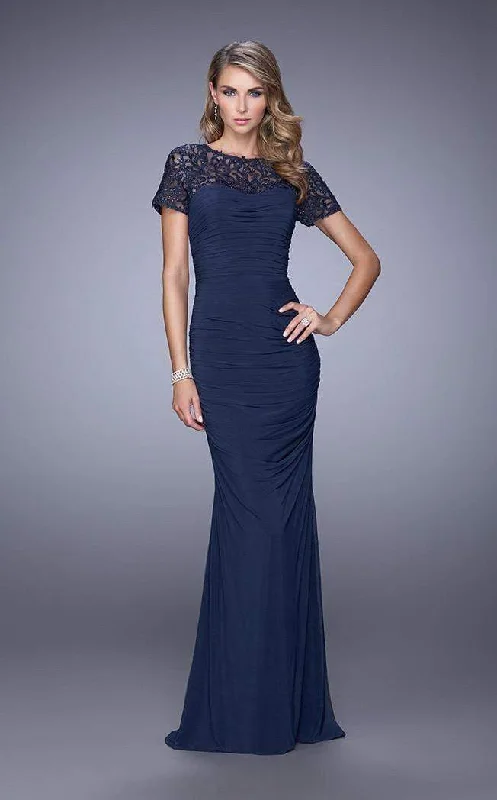A - line cocktail wedding guest dresses in pastel colorsLa Femme Laced Bateau Neck Sheath Dress 21713SC