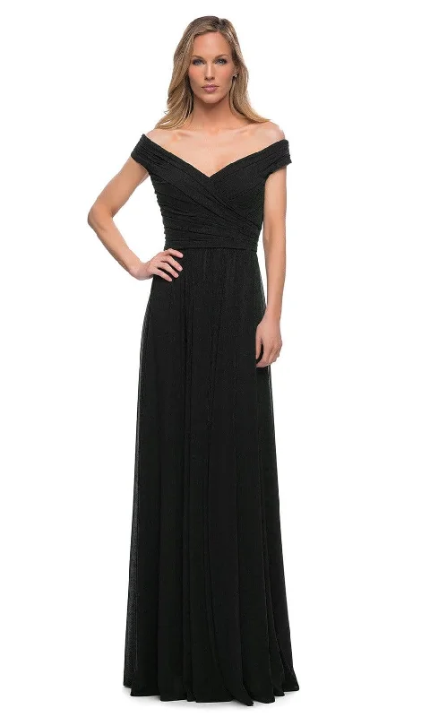 Ruffled - sleeve wedding guest dresses in light blue for a spring weddingLa Femme - Off Shoulder Ruched Evening Dress 29168SC