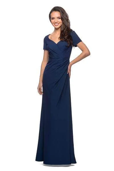 Wedding guest dresses with gathered skirts and V - necklinesLa Femme - Pleat-Ornate Short Sleeve A-Line Dress 27855SC