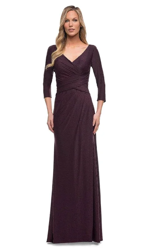 Sheer wedding guest dresses with lace inserts and long sleevesLa Femme - Ruche-Ornate V-Neck Evening Dress 29223SC