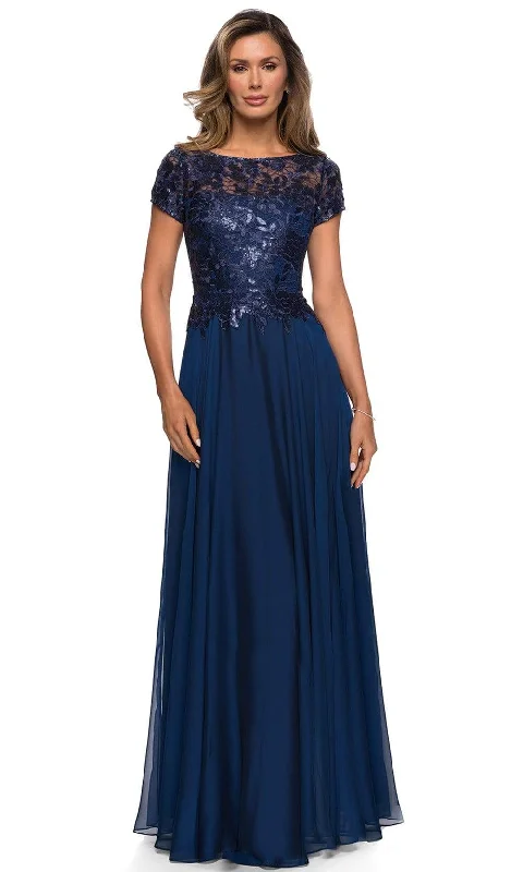Velvet - trimmed wedding guest dresses in burgundy for a formal eventLa Femme - Sequined Lace Bodice A-Line Dress 27924SC